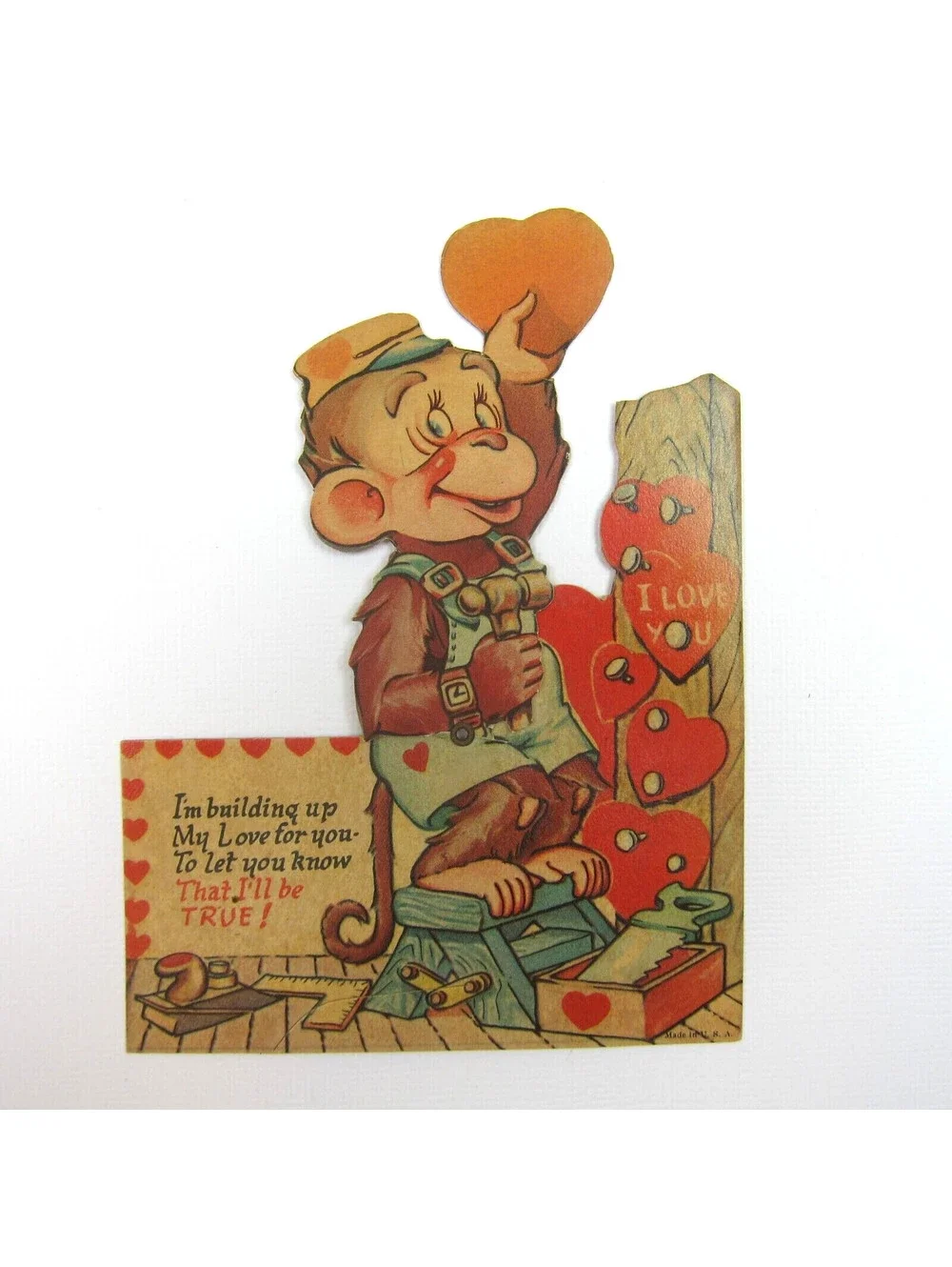 Vintage Valentine Card Mechanical Monkey Hammer Heart Building Tools 1920s-1930s